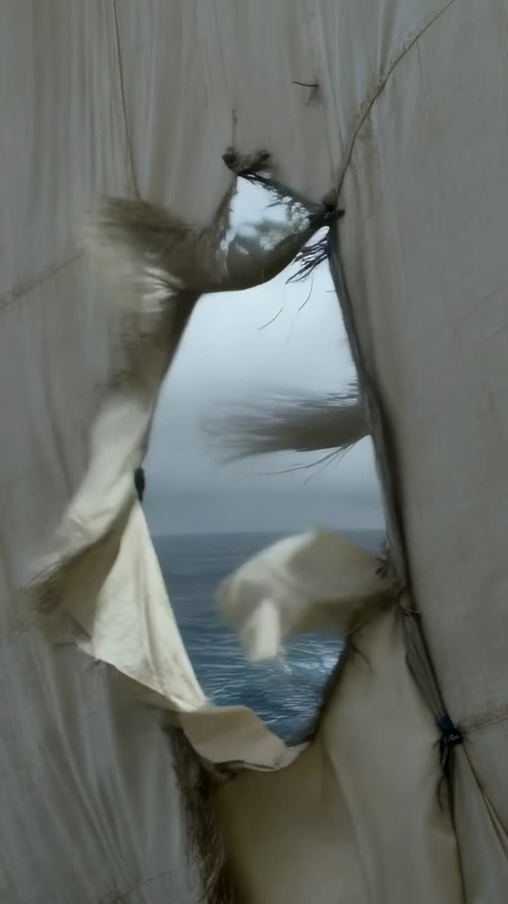 Vertical video: Flapping torn sail as wind gusts hit boat at sea, revealing ocean and frayed knots