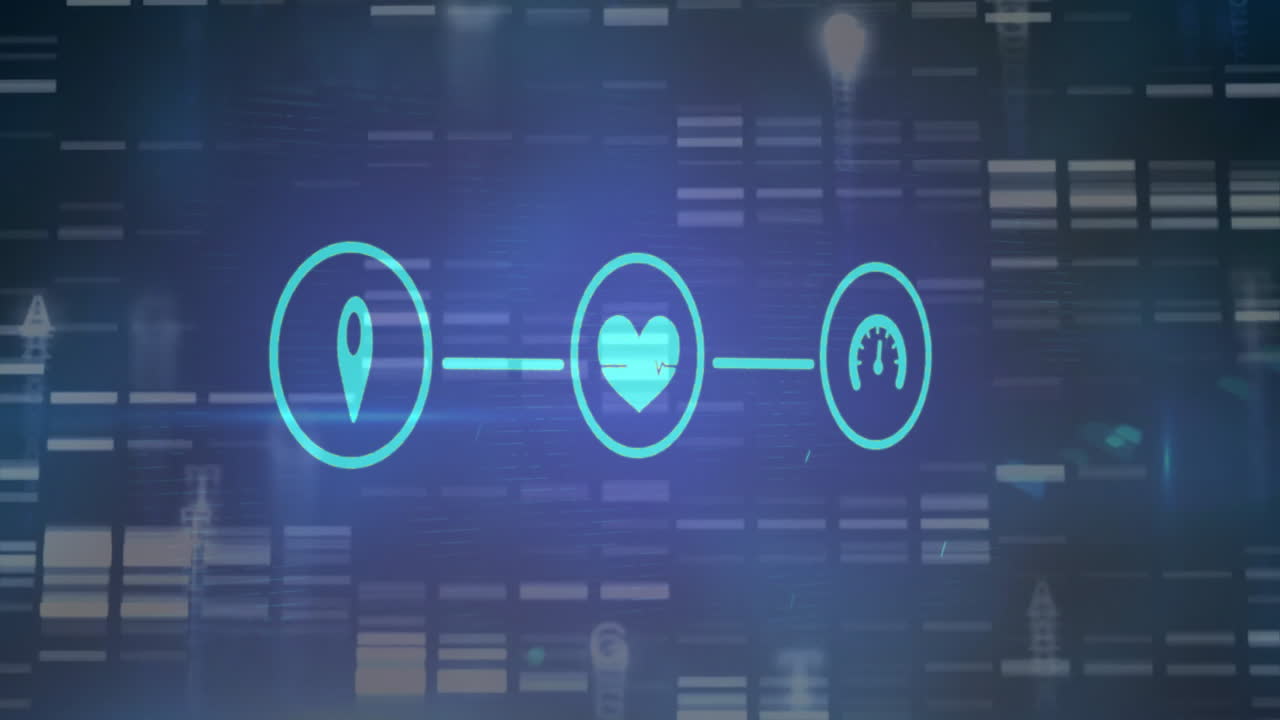 Animation of icons with connections over digital data processing on dark background