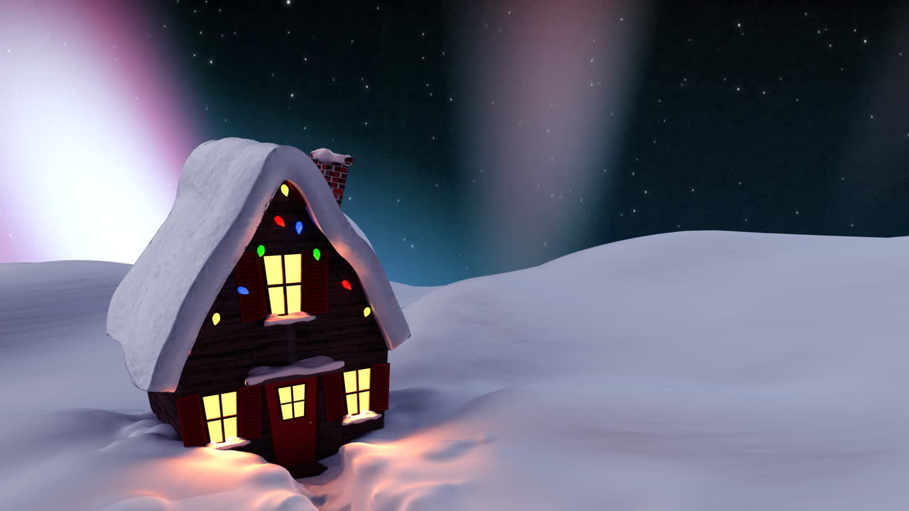 animación de la casa en navidad sobre la aurora y el paisaje de invierno
