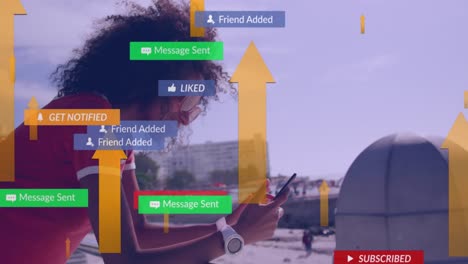 animation of social media text on banners with digital icons over woman using smartphone