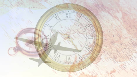 animación del reloj sobre el avión y el mapa.