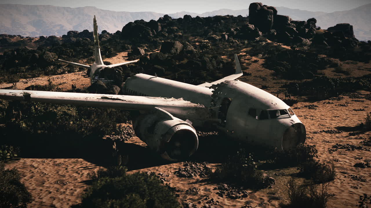 Plane wreckage rests in a desert landscape after devastating crash landing