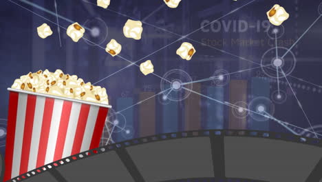 animation of data processing and popcorn over network of connections