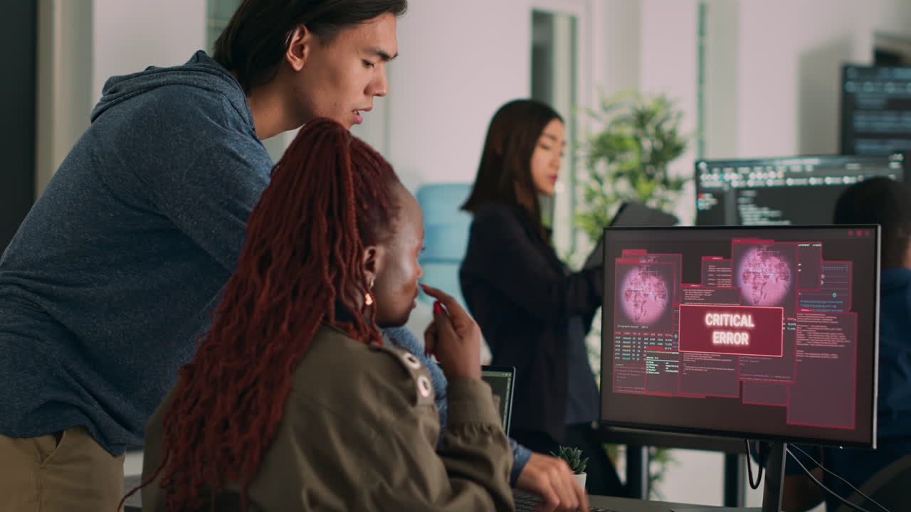 Diverse team of database admins having hacked server and security breach