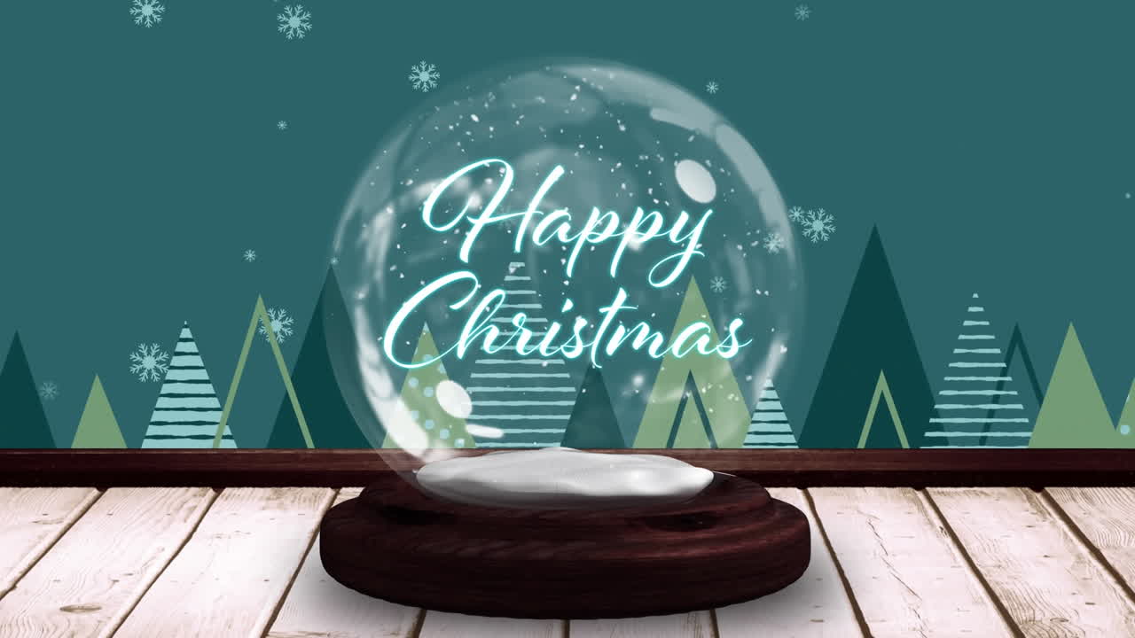 Animation of happy christmas text in snow globe over fir trees and snow falling
