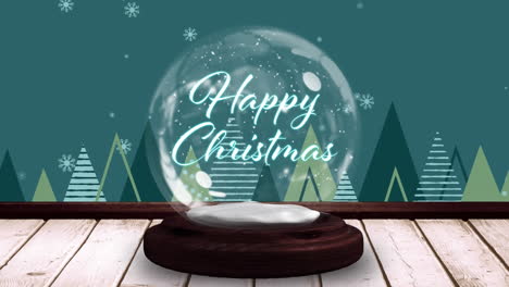 animation of happy christmas text in snow globe over fir trees and snow falling