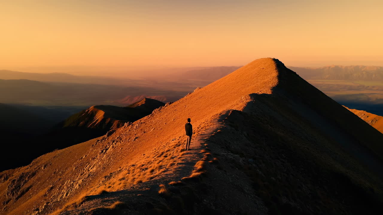 Golden Hour Solo Backpacker On Mountain Ridge, Lone Silhouette Walking Toward Summit Under Warm Orange Sky,