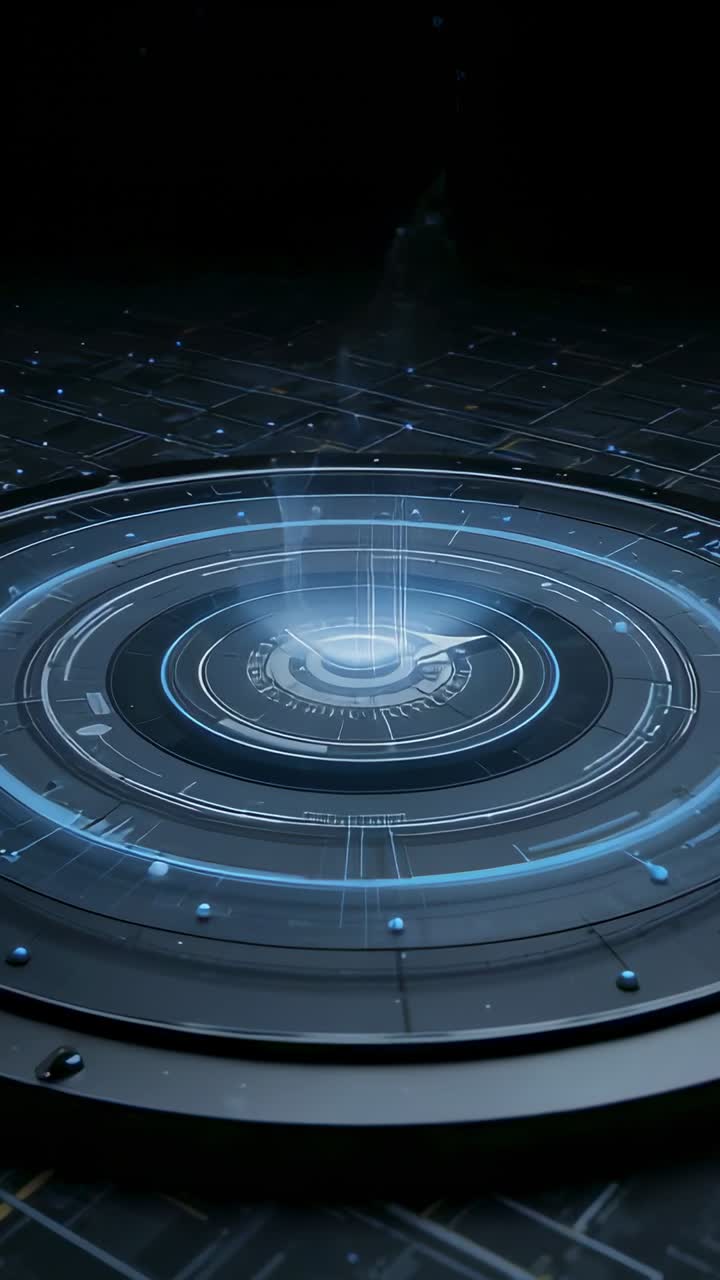 Video verticale: Bagliore centrale crescente che fa accendere una piattaforma su un pavimento a griglia, rivelando degli anelli