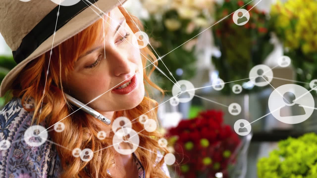 전화 통화를 하는 백인 여성에 대한 연결의 애니메이션