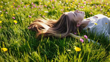 woman relaxing in a field of flowers