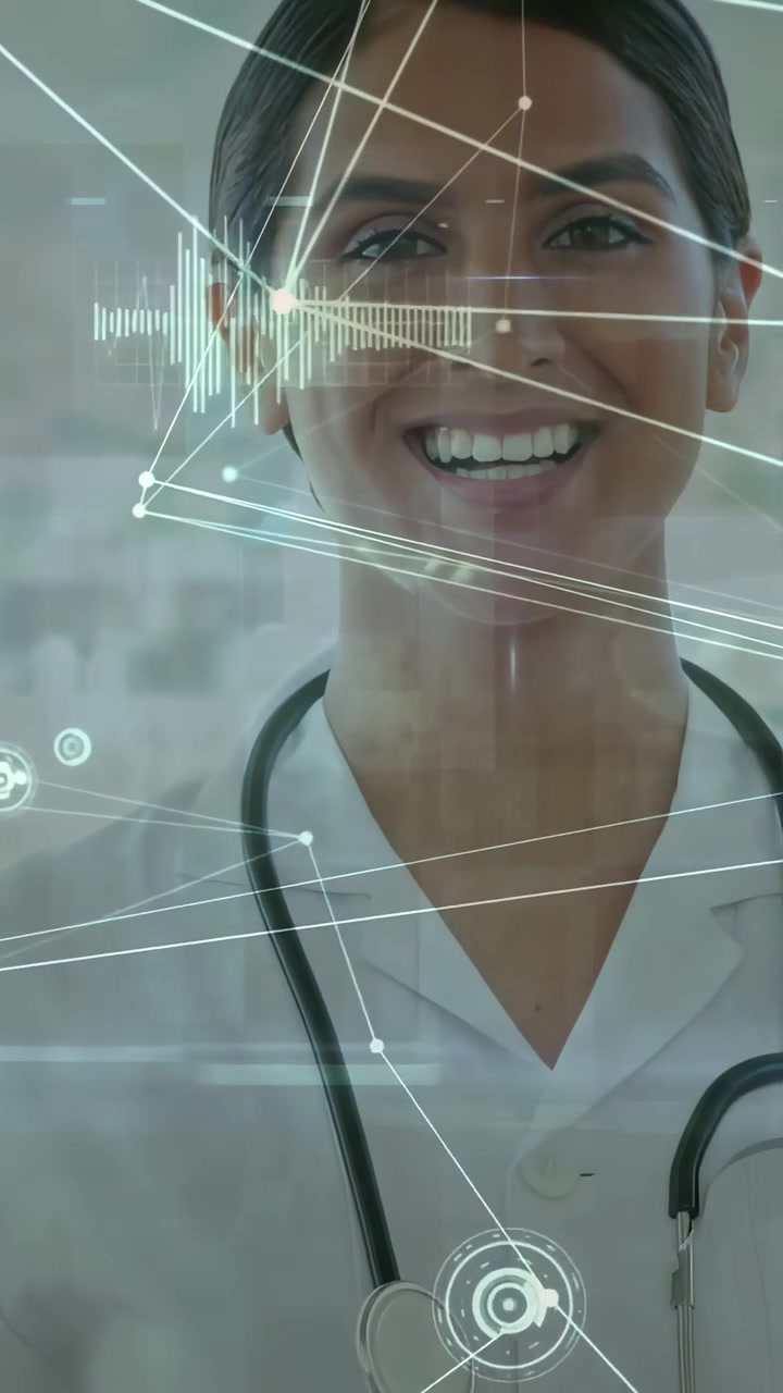 Video verticale: Telecamera che si alza, medico sorridente mentre dati AR scorrono su petto e viso mostrando statistiche.