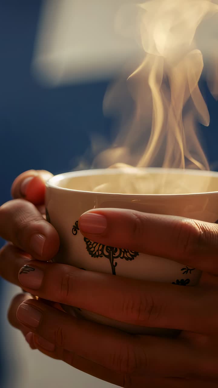Vertical video: Entering frame hands cradling floral mug with steam at home warming pale nails