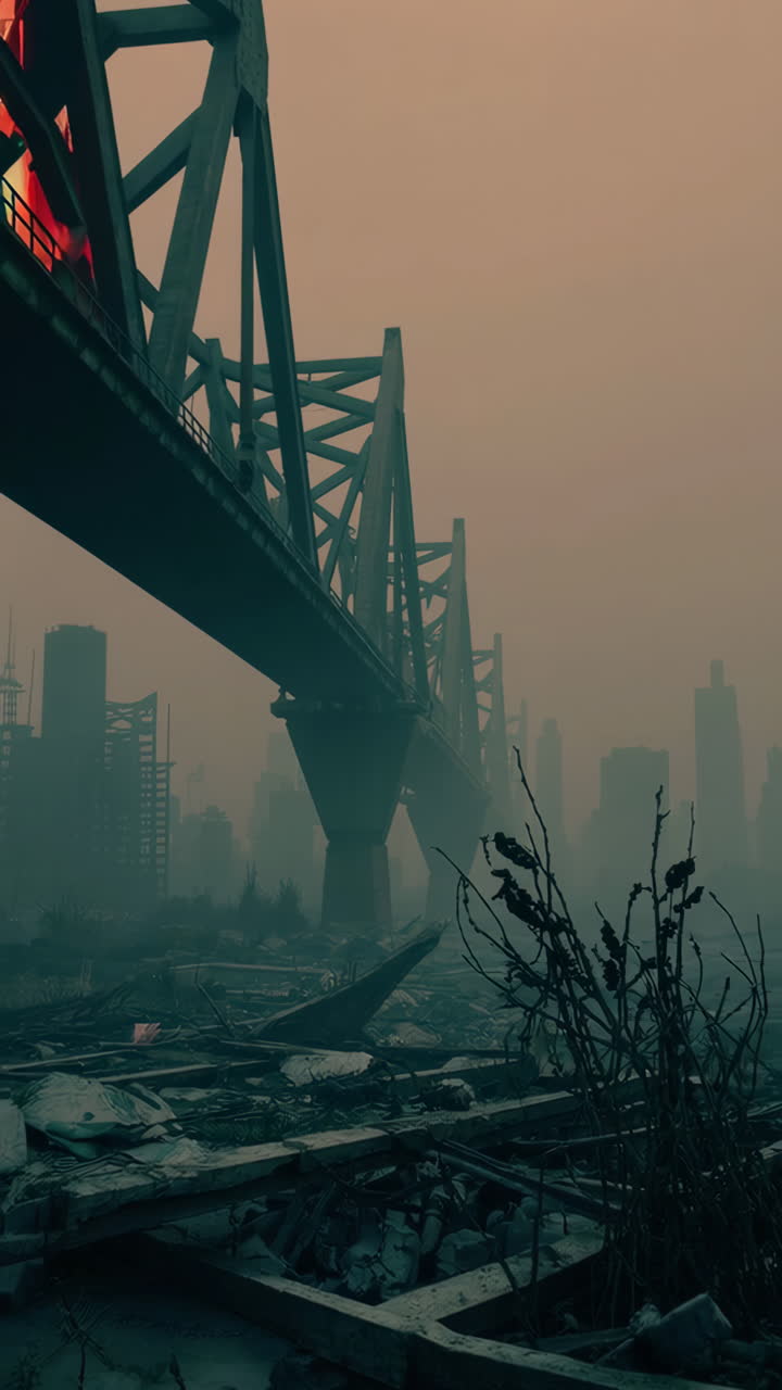 Post-Apocalyptic Cityscape Under a Bridge