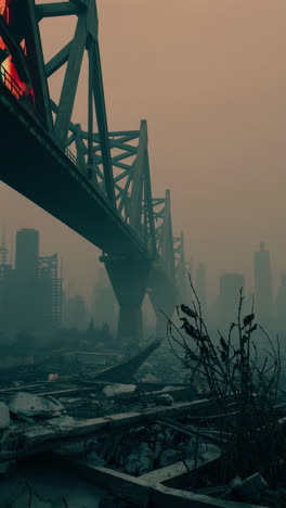 post-apocalyptic cityscape under a bridge