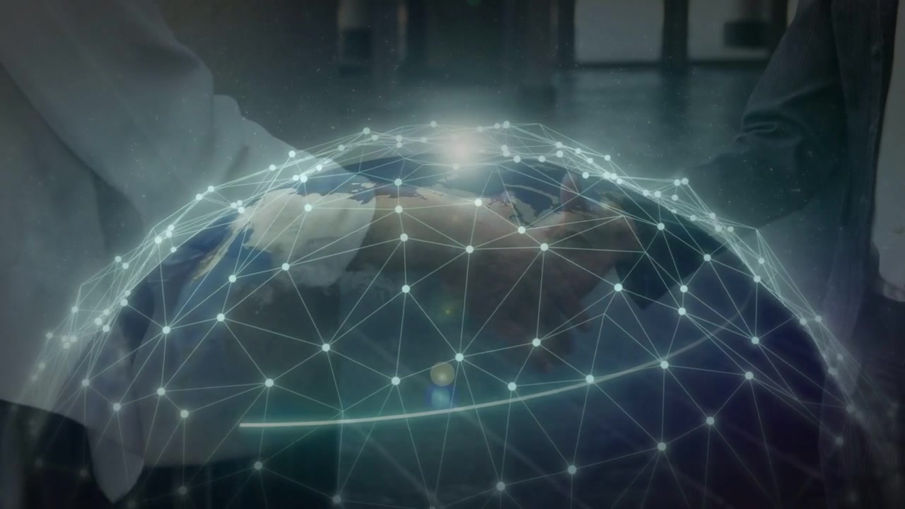 Pointer approaching globe, team gesturing, nodes pulsing and lines forming, showing network growth