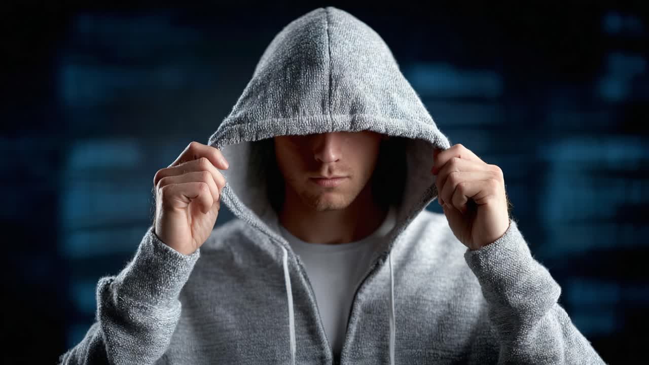 A Mysterious Figure in a Grey Hoodie, Shrouded in Shadows, Captured in Intense Focus with a Subtle Aura of Intrigue and Enigma in a Digital Realm