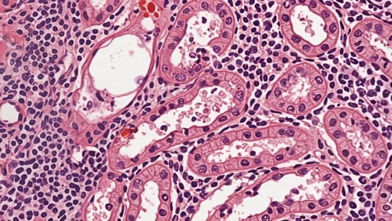 Vista microscópica de tejido renal mostrando glomérulo y túbulos