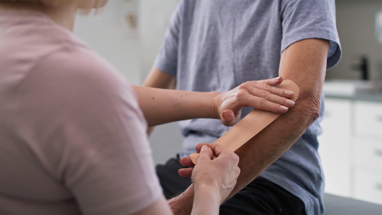 Physical therapist applying kinesio tape on patient's arm.