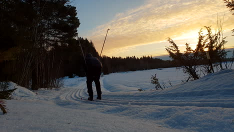 Silhouette-of-young-adult-cross-country-skiing-in-Lapland-region