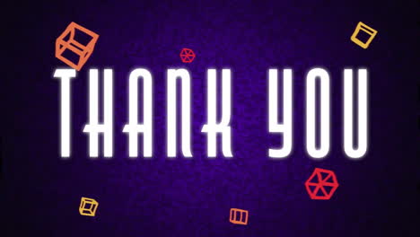 thank you text animation with colorful geometric shapes on purple background