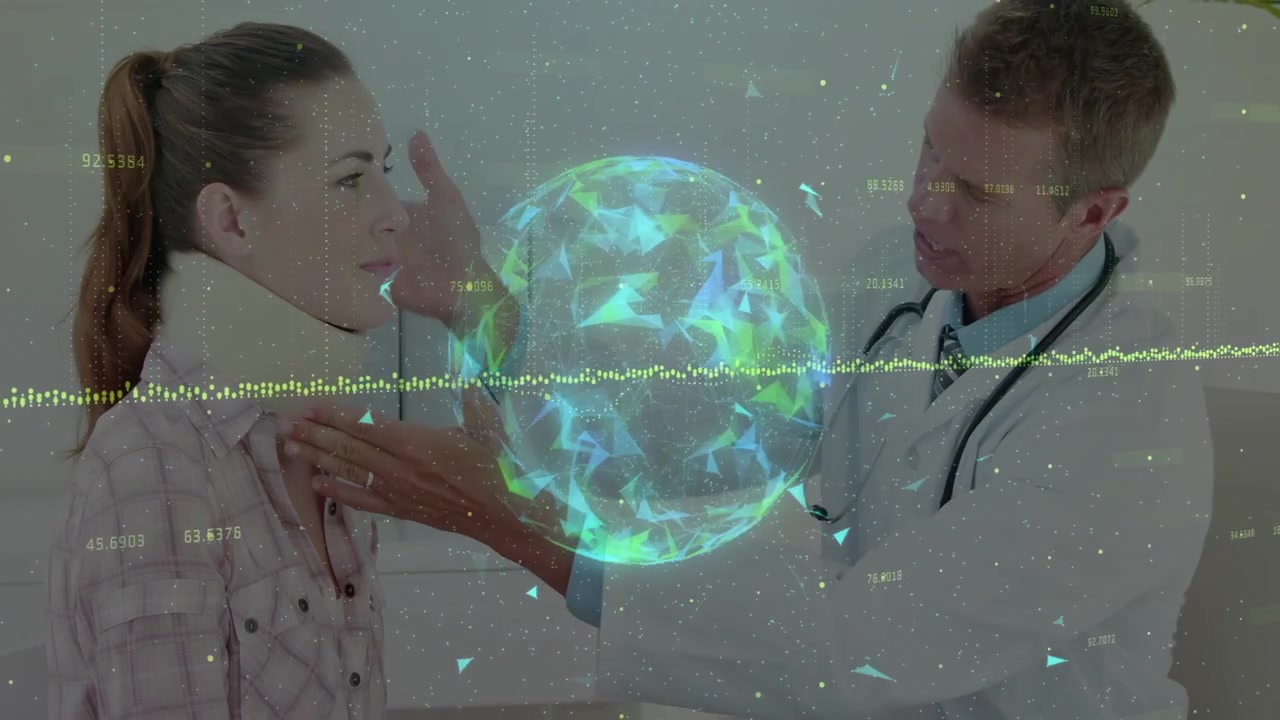 Doctor mirando hacia arriba, inclinándose y ajustando un collarín para su ajuste mientras una esfera y una forma de onda se superponen en la escena