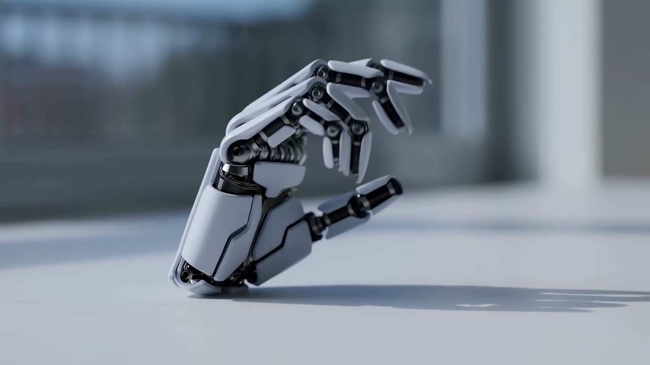 Metal Robotic Hand Resting On Tabletop, Chrome Prosthetic Fingers Flexing In Slow Motion Under Soft Window