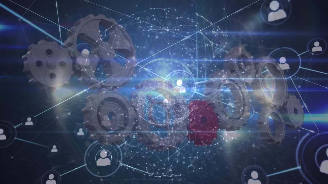 파란색 바탕에 아이콘과  ⁇ 으로 연결된 네트워크의 애니메이션