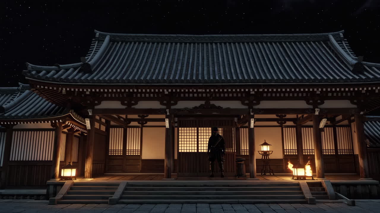 Ninja on the rooftop at night and Guard at the Temple entrance