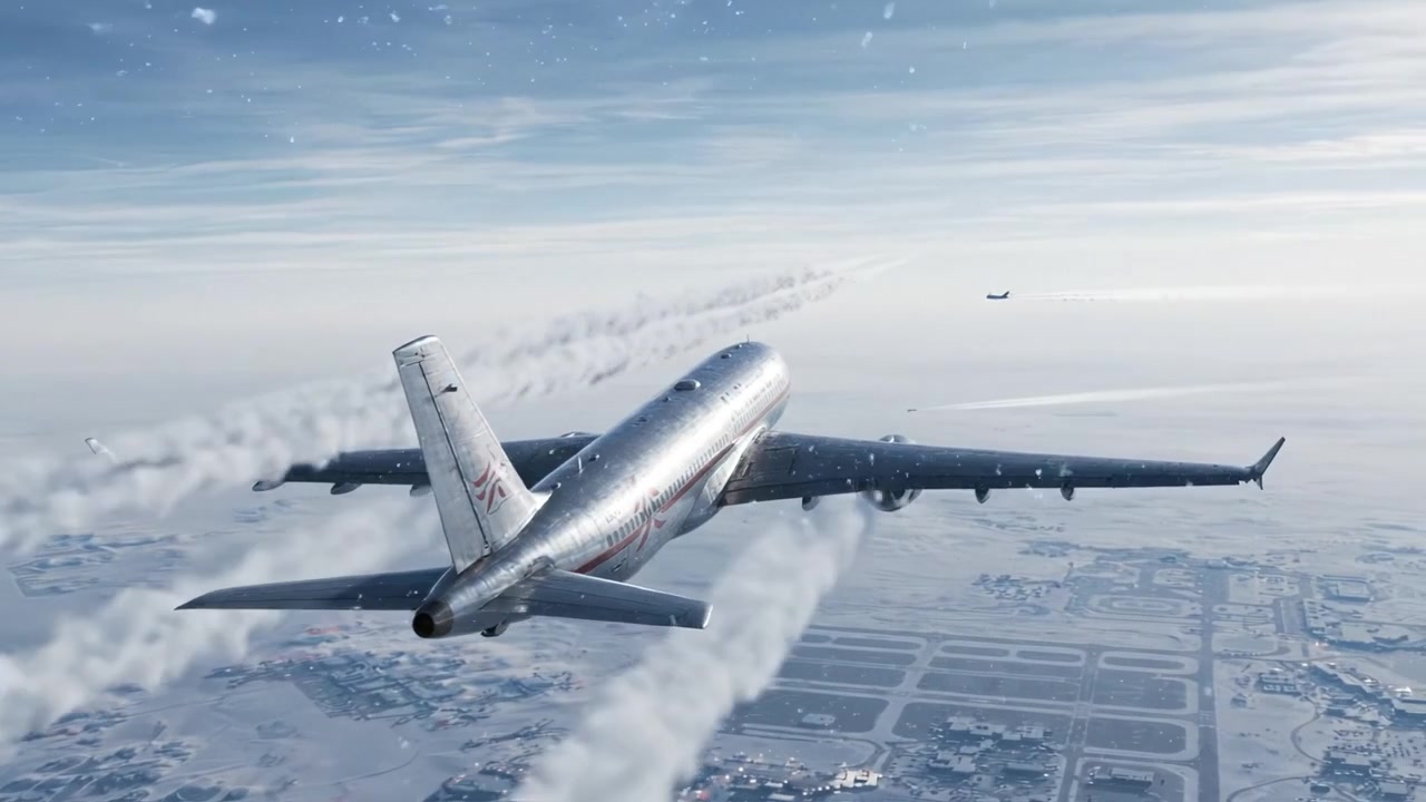 Twee scènes van een modern vliegtuig dat door ijzige luchten navigeert, wat de impact van winterse omstandigheden op de vluchtdynamiek en luchtmanoeuvres in de luchtvaart toont.