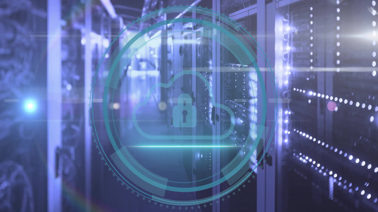 Animation of padlock and cloud icon and digital data processing over computer servers