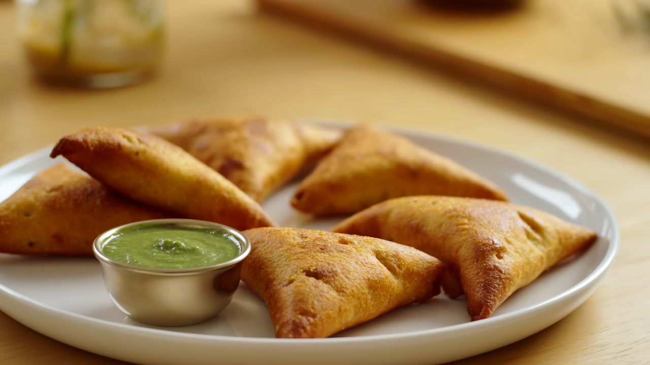 Plate Samosas With Green Chutney Golden Fried Triangular Pastries On White Plate On Wooden Table Warm Natural