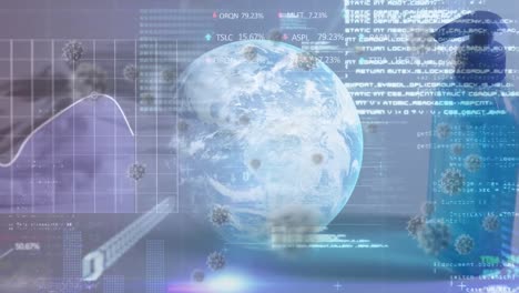 animación de células de covid y datos en todo el mundo y desinfectante