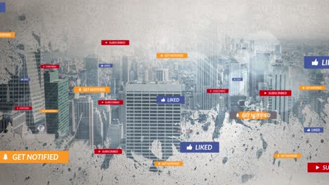 animation of cursor moving over social media messages on multi colored banners and cityscape