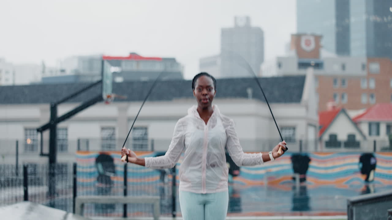 Black woman, fitness and skipping rope in city