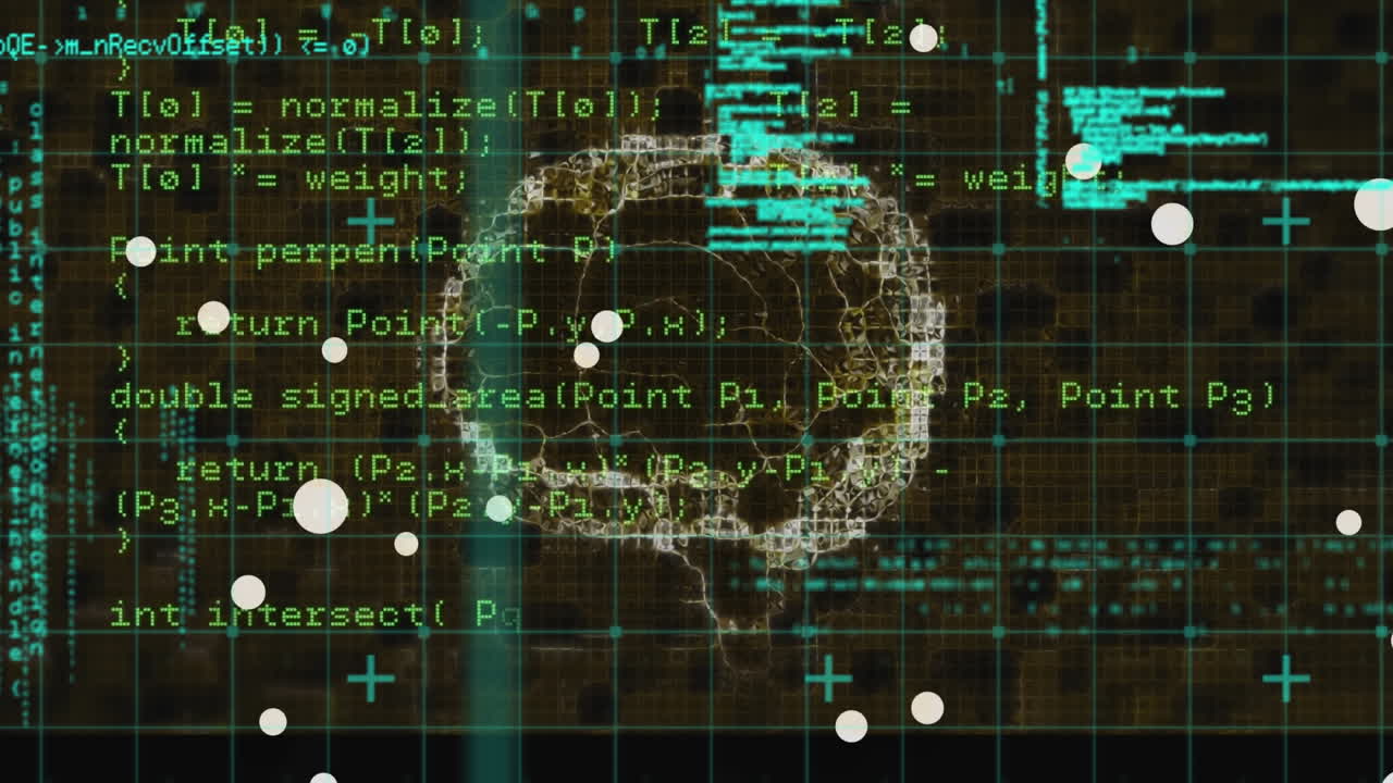 animación de manchas blancas flotando sobre el cerebro humano giratorio y procesamiento de datos