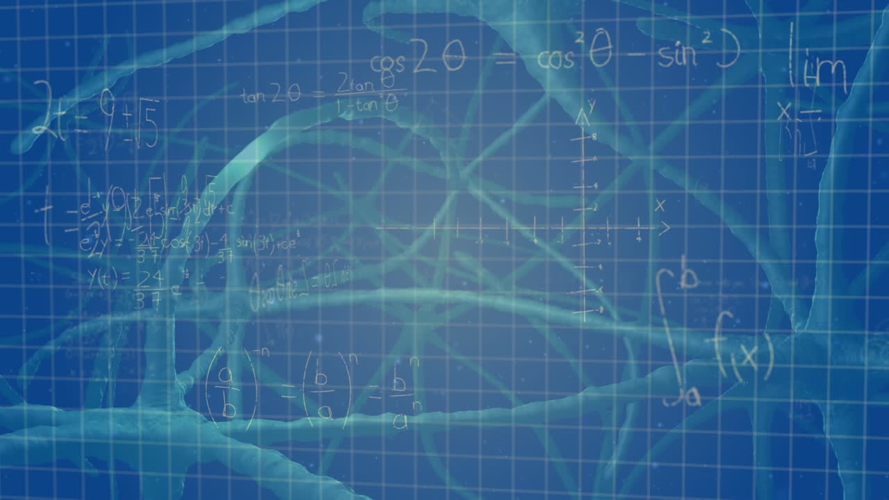 검은색 배경에 디지털 뉴런을 통해 수학적 방정식의 애니메이션