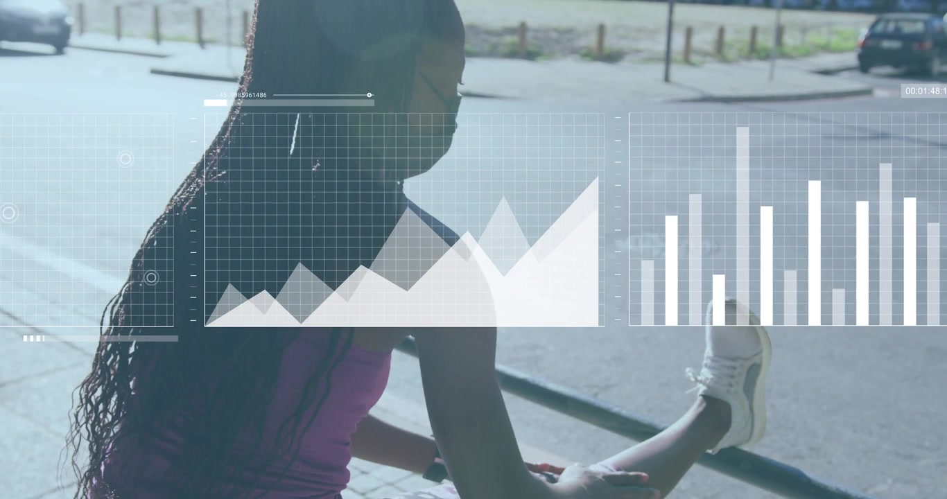 Runner prepping, lifting right leg and adjusting shoe while fitness charts and map appearing around