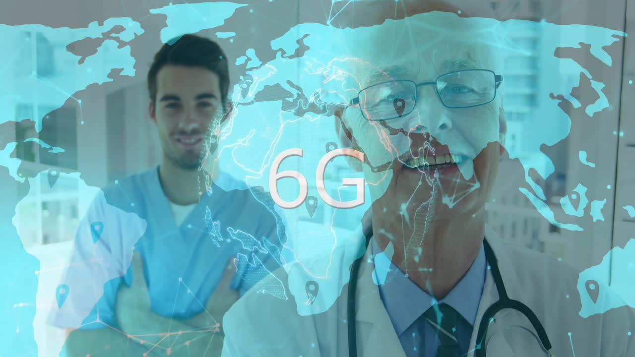 Senior male doctor using smartphone, wearing stethoscope in hospital, showing 6G digital world map