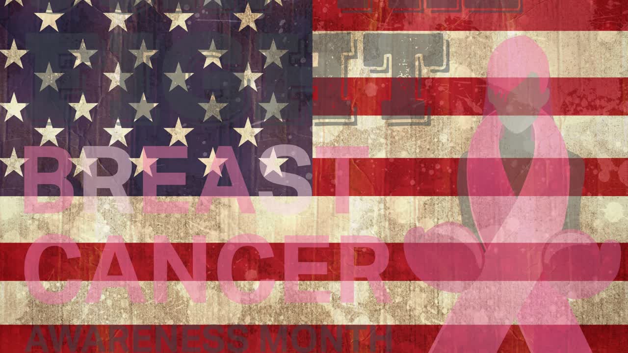 미국 국기 위에 유방암 텍스트가 있는 분홍색 리본 로고의 애니메이션