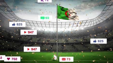 animation of media icons over confetti and flag of algeria with stadium