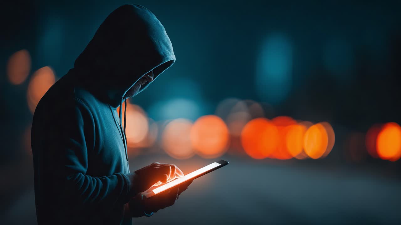Una figura solitaria con una felpa con cappuccio interagisce con un tablet luminoso, illuminato su uno sfondo di luci sfocate, catturando un momento di mistero e fascino in un ambiente notturno