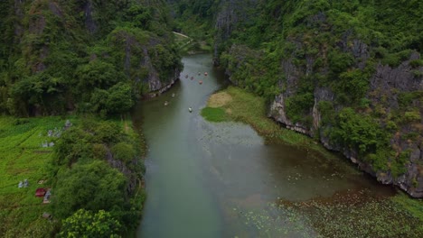 paisaje aéreo, experiencia turística tradicional de remo en tam coc, vietnam