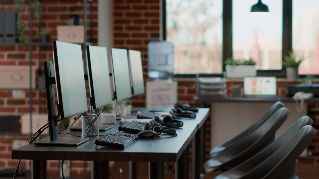 Nobody in customer service office with telemarketing technology