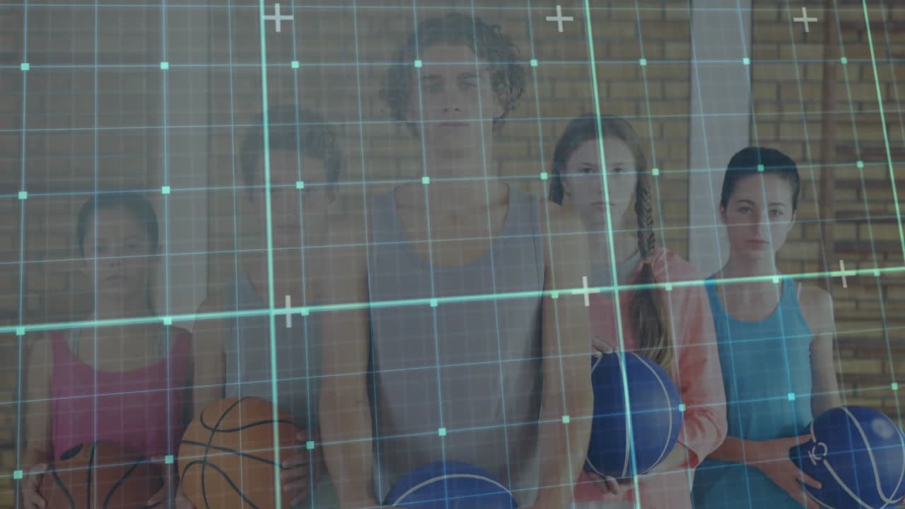 Team of five standing in gym with teal grid scanning up camera revealing faces holding basketballs