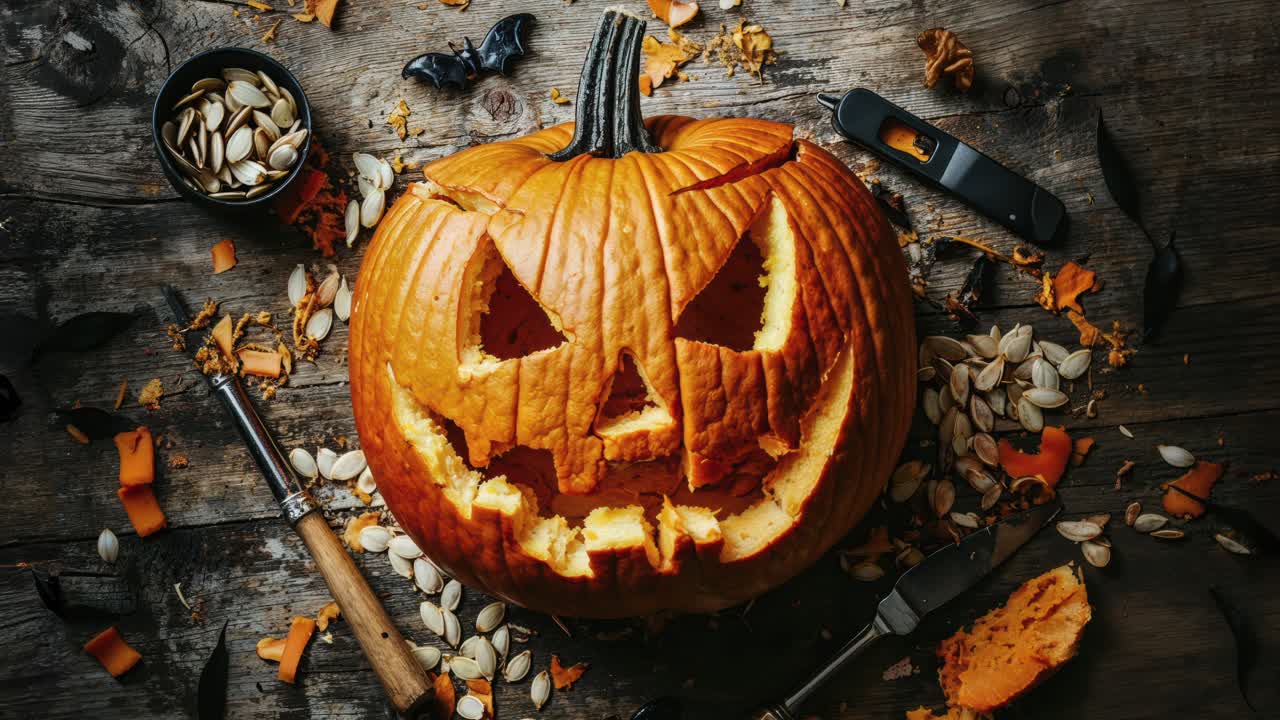 linterna de calabaza tallada de halloween en una mesa de madera rústica