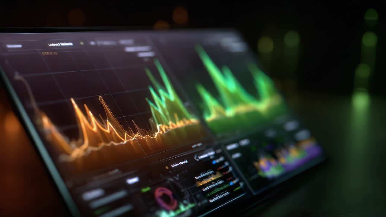 Digital screen shows fluctuating financial charts with glowing orange and green lines. Background is dark, focused on screen's illuminated data. No people visible, emphasizing data-driven atmosphere