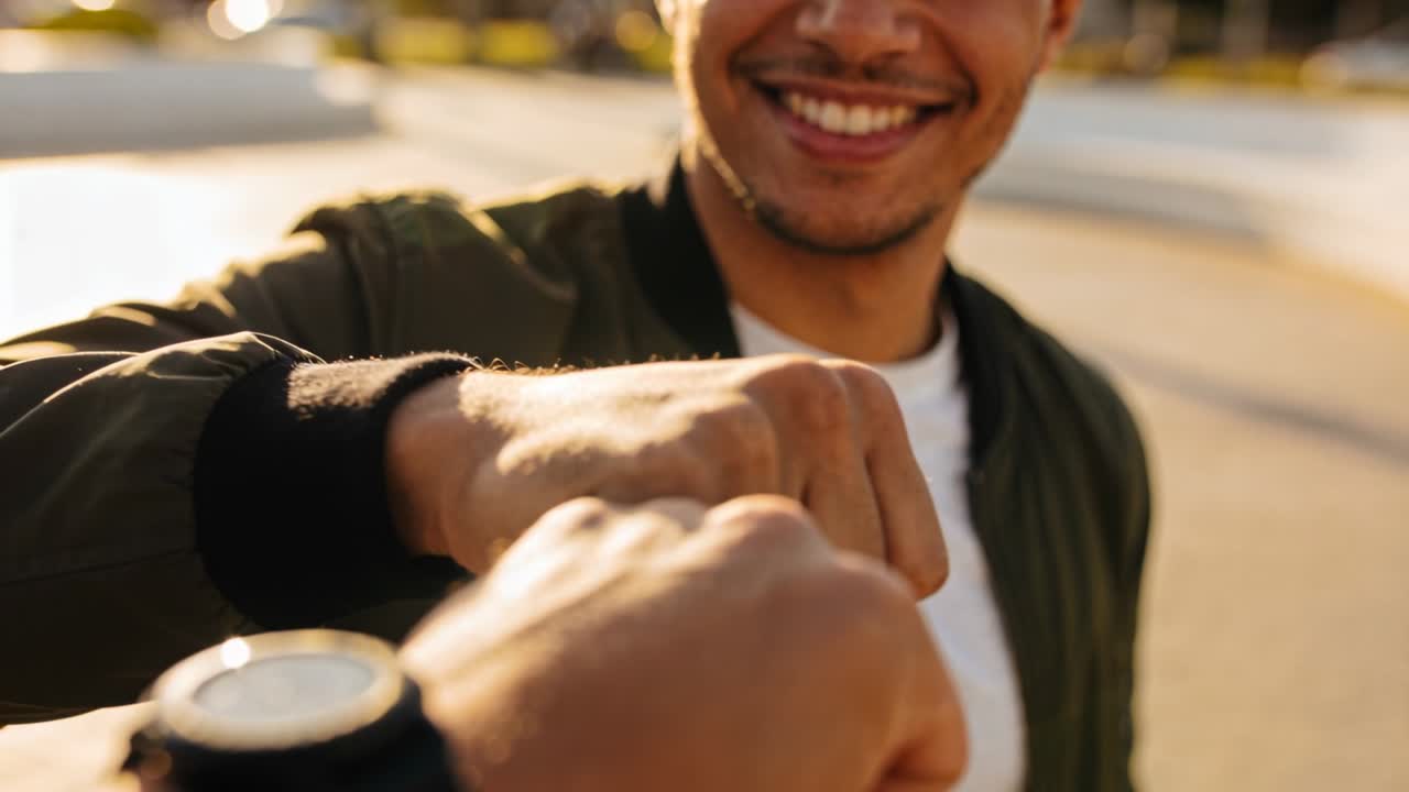 Due uomini si salutano con il pugno in una piazza, uno indossa un orologio nero e l'altro una giacca verde oliva.