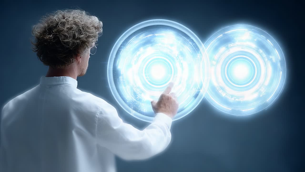 A scientist interacts with futuristic holographic technology, manipulating glowing energy circles that represent advanced concepts in science and innovation for modern exploration