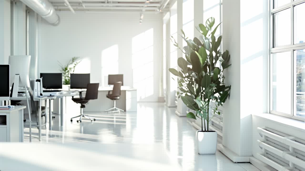 Bright, minimalist office space with blurred focus, captured from a low angle