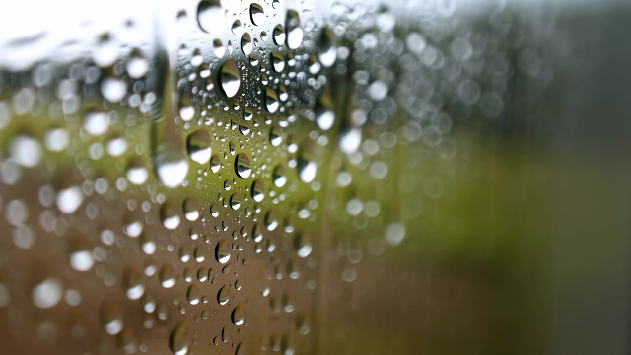 Detailed close-up of many water droplets clinging to smooth transparent glass, showing sharp edges, soft background blur, bright reflections, and gentle natural color tones for calm abstract visual
